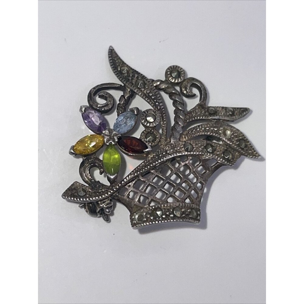 DESIGNER SIGNED VTG STERLING SILVER‎ MARCASITE GEMSTONE FLOWER BASKET BROOCH PIN